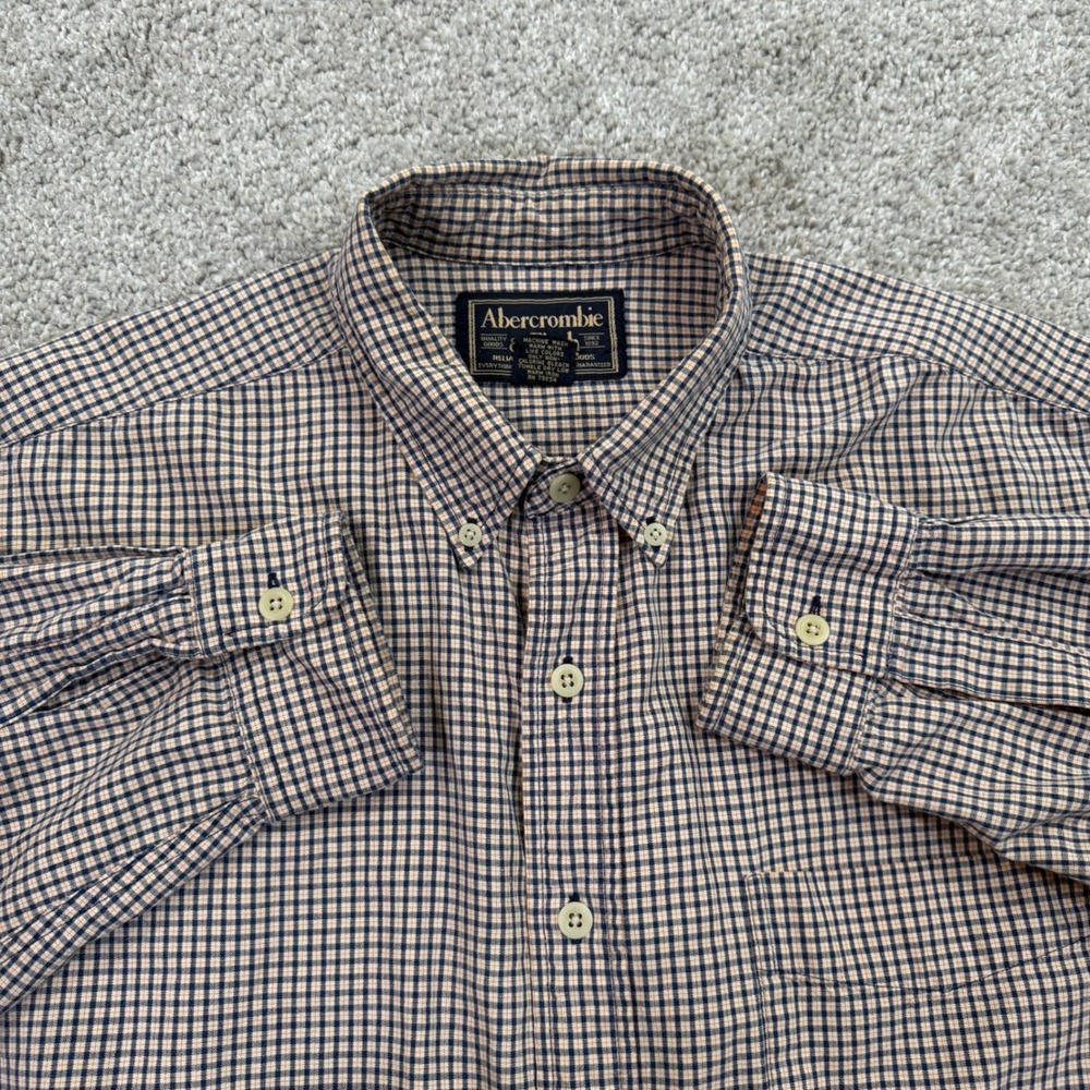 Abercrombie & Fitch Mens Large Check Button Down Shirt‎ Tan Navy Blue Vinatge